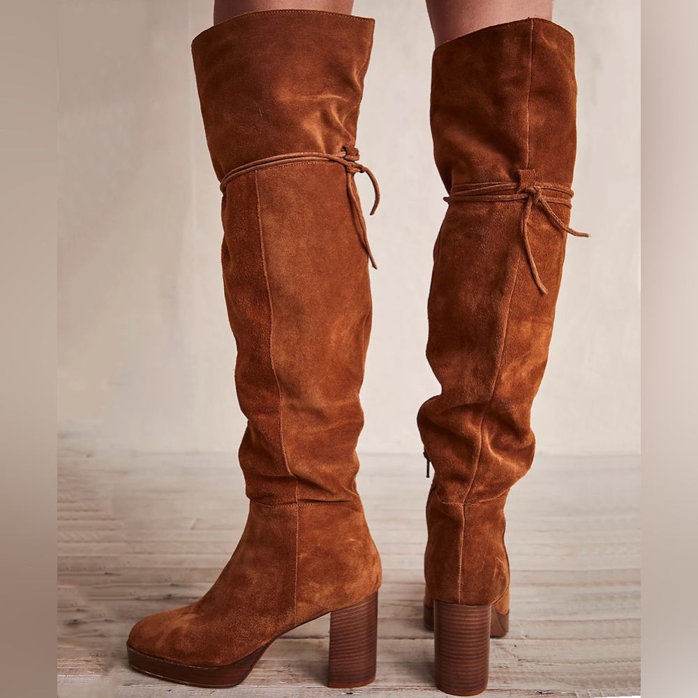 Free People Cognac Brown Echo Platform Over the Knee Boots